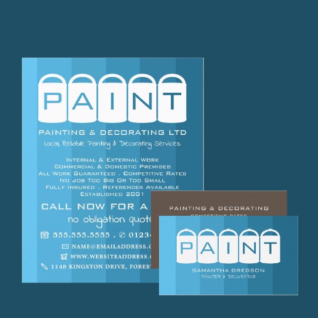 Blue Ombre, Paint Buckets, Painter & Decorator Business Card (Creator Uploaded)