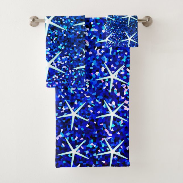 Blue Ombre Teal Sparkle Glittery Starfish Patterns Bath Towel Set (Insitu)