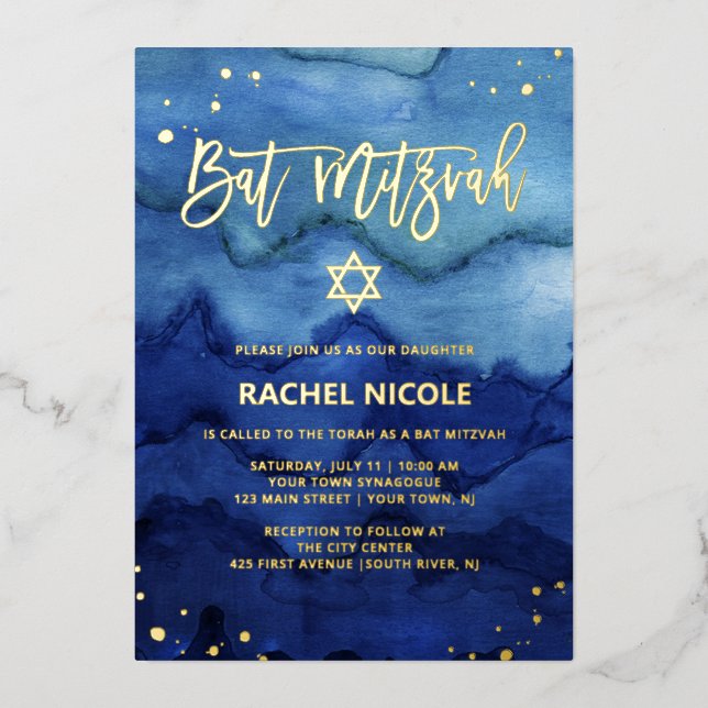 Blue Ombre Watercolor and Gold Bat Mitzvah (Front)
