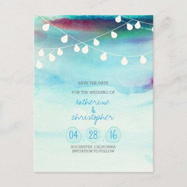 blue ombre watercolor beach save the date announcement postcard (Front)