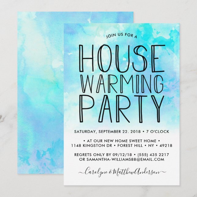Blue Ombre Watercolor Housewarming Party Invitation (Front/Back)
