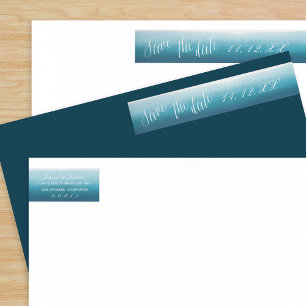 Blue Ombre Watercolor Save the Date Return Address Wrap Around Label