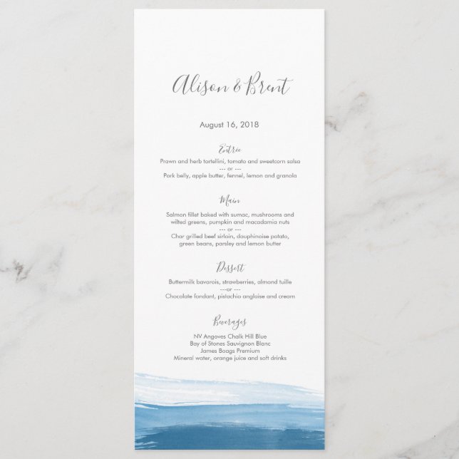 Blue Ombre watercolor Wedding Menu or Program Card (Front)