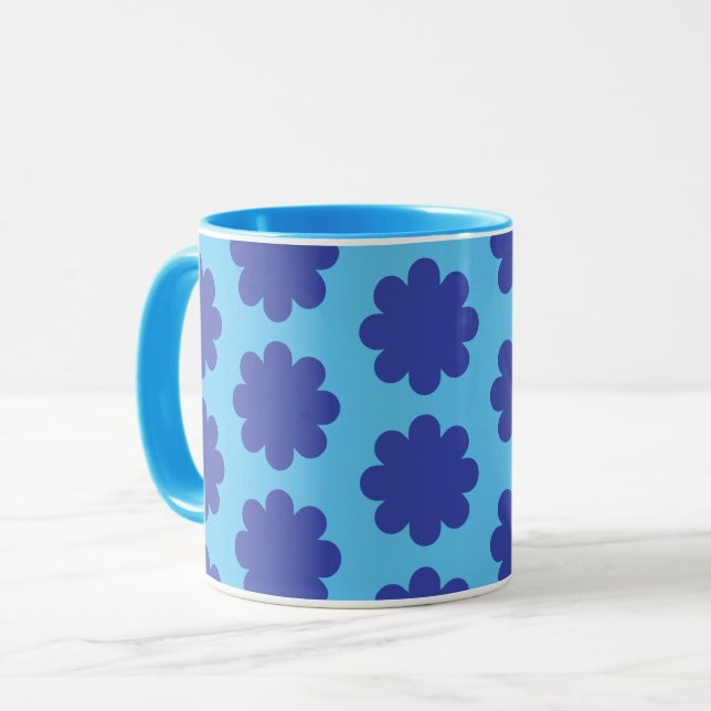 Blue on Aqua Retro Flower Art Mug Cup (Front Left)