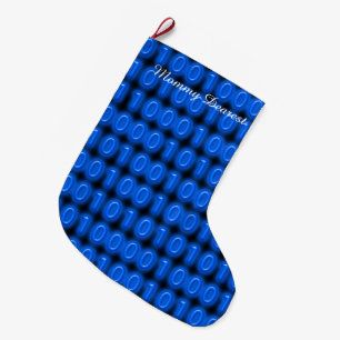 Blue on Black Binary Code Large Christmas Stocking