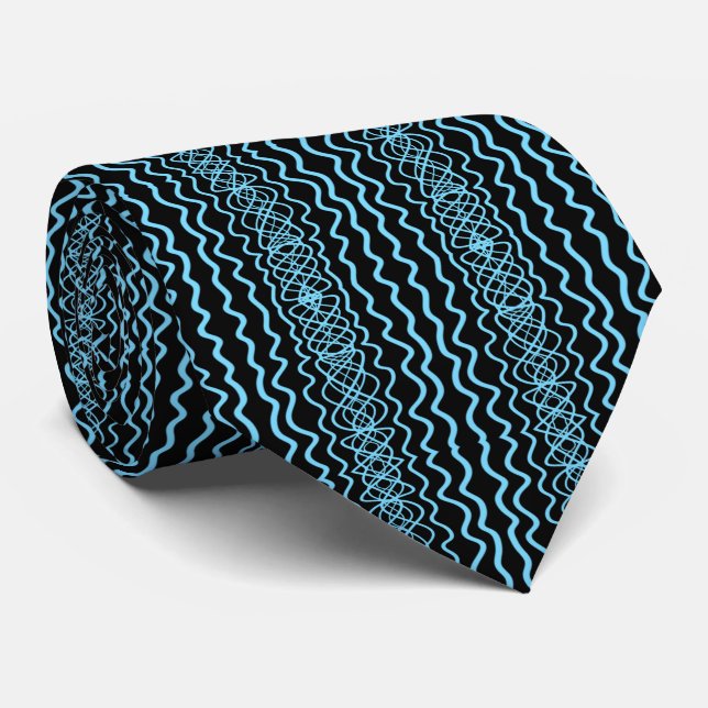 Blue On Black Curvy Twisty Line Drawing Pattern   Tie (Rolled)
