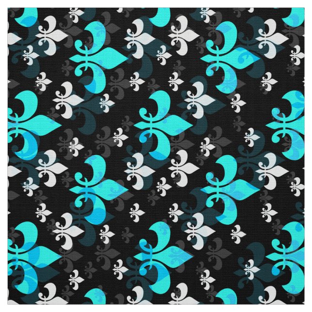 Blue On Black Fleur De Lis Fabric (Swatch)