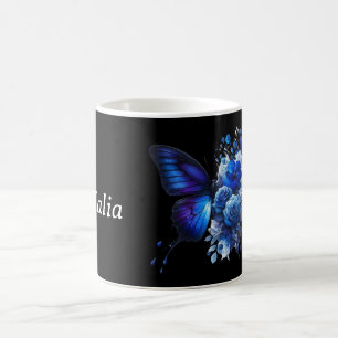 Blue on Black Floral Butterfly Personalised Coffee Mug