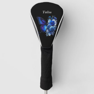 Blue on Black Floral Butterfly Personalised Golf Head Cover