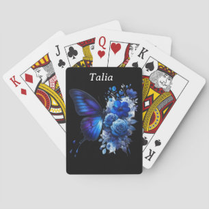 Blue on Black Floral Butterfly Personalised Playing Cards