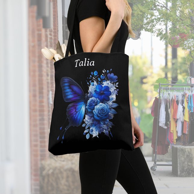 Blue on Black Floral Butterfly Personalised Tote Bag (Creator Uploaded)