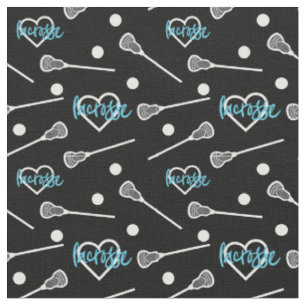Blue on Black Lacrosse Sticks & Hearts Pattern Fabric
