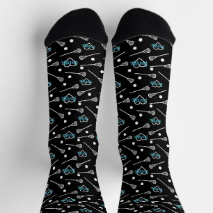 Blue on Black Lacrosse Sticks & Hearts Pattern Socks