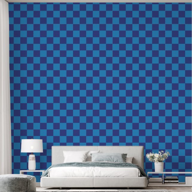 Blue on Blue Chequerboard Patterned Wallpaper (Bedroom)