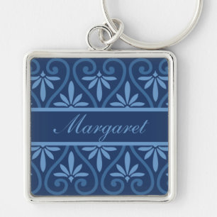 Blue on Blue Damask Pattern Key Ring