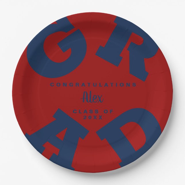 Blue on Dark Red Custom Name Graduation Paper Plate (Front)