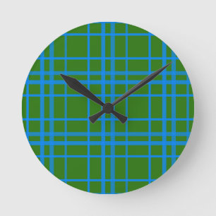 Blue On Green Tartan Plaid Pattern Design  Round Clock