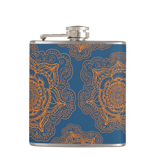 Blue on Orange Mandala Hip Flask (Front)