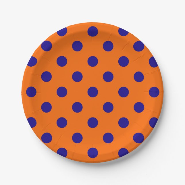 Blue On Orange Polka Dots Pattern Design  Paper Plate (Front)