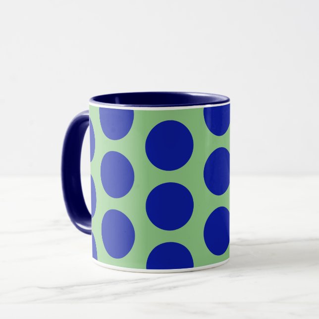 Blue on Sage Green Polka Dot Art Mug Cup (Front Left)