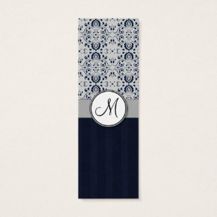 Blue on Silver Damask w Navy Stripes and Monogram
