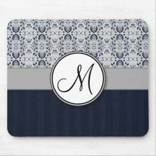 Blue on Silver Damask w Navy Stripes and Monogram Mouse Mat