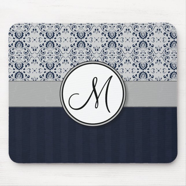 Blue on Silver Damask w Navy Stripes and Monogram Mouse Mat (Front)
