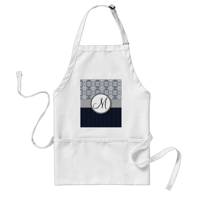 Blue on Silver Damask w Navy Stripes and Monogram Standard Apron (Front)