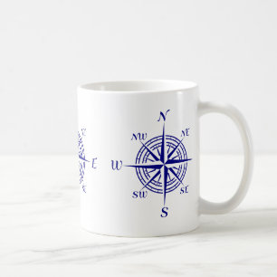 Blue On White Coastal Decor Compass Rose Pattern Coffee Mug