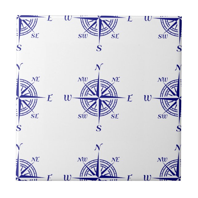 Blue On White Coastal Decor Compass Rose Pattern Tile (Front)