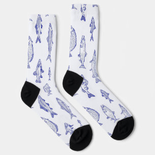 Blue on white fish pattern upstream socks