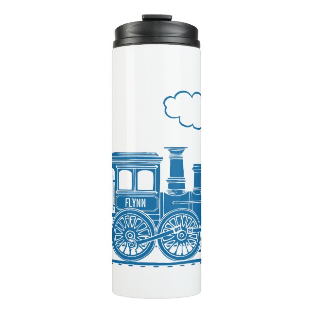 Blue on white steam train kids custom name graphic thermal tumbler (Front)