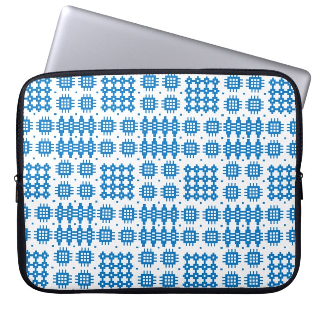 Blue on White Traditional Welsh Tapestry Pattern Laptop Sleeve (Front)