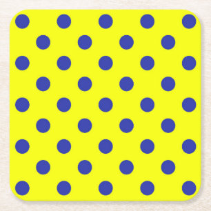 Blue On Yellow Polka Dots Pattern Design  Square Paper Coaster