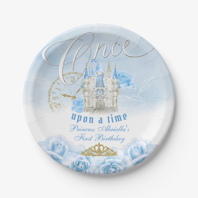 Blue Once Upon a Time Princess Birthday Paper Plate (Front)
