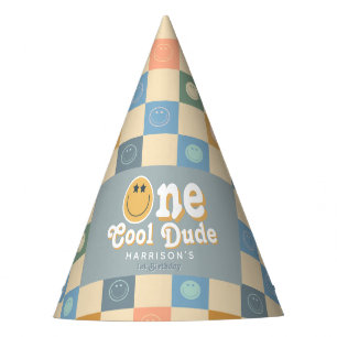 Blue One Cool Dude Boys 1st Birthday Smile Party Hat