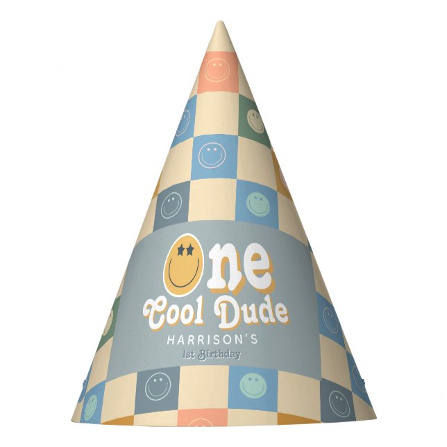 Blue One Cool Dude Boys 1st Birthday Smile Party Hat (Front)