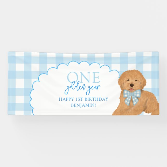 Blue One Golden Year Doodle Puppy 1st Birthday Banner (Horizontal)