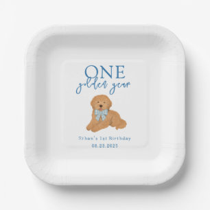 Blue One Golden Year Doodle Puppy Birthday Paper Plate