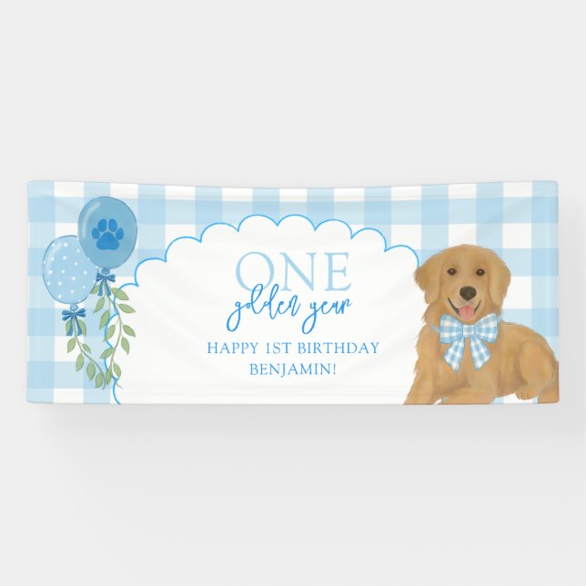Blue One Golden Year Retriever Puppy 1st Birthday Banner (Horizontal)