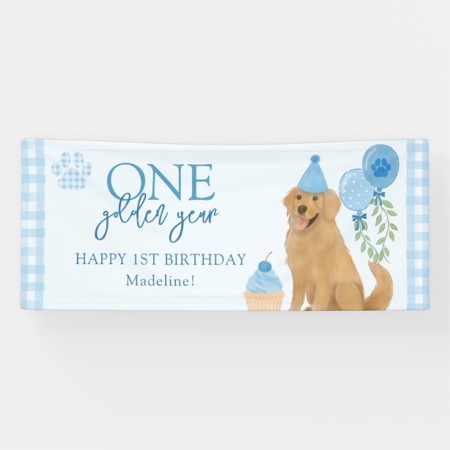 Blue One Golden Year Retriever Puppy 1st Birthday Banner (Horizontal)