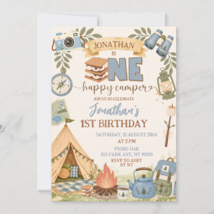 Blue One Happy Camper First Birthday Invitation