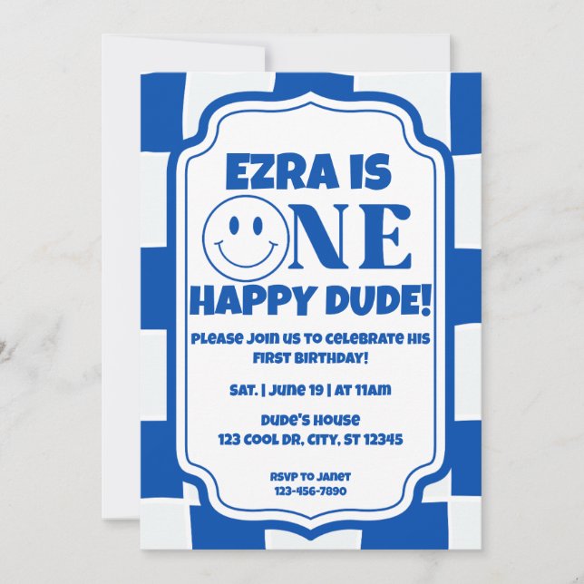 Blue One Happy Dude birthday Invitation (Front)