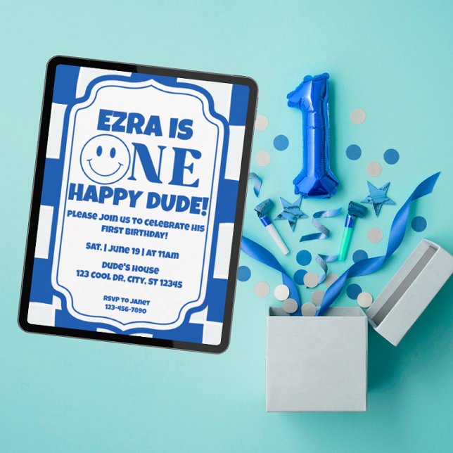Blue One Happy Dude birthday Invitation (Creator Uploaded)