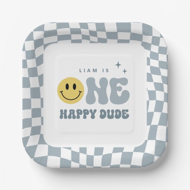 Blue ONE Happy Dude Birthday Party Plates (Front)
