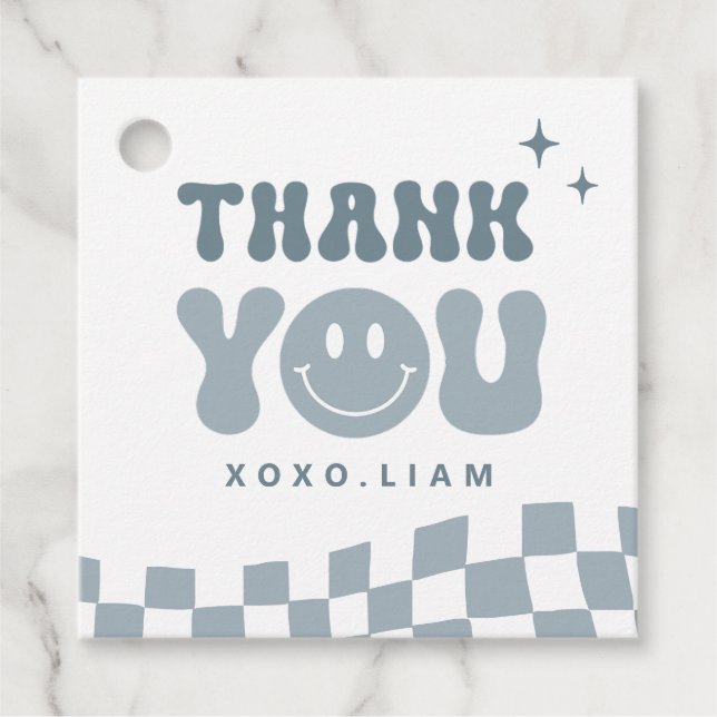 Blue ONE Happy Dude Birthday Square favour tag (Front)