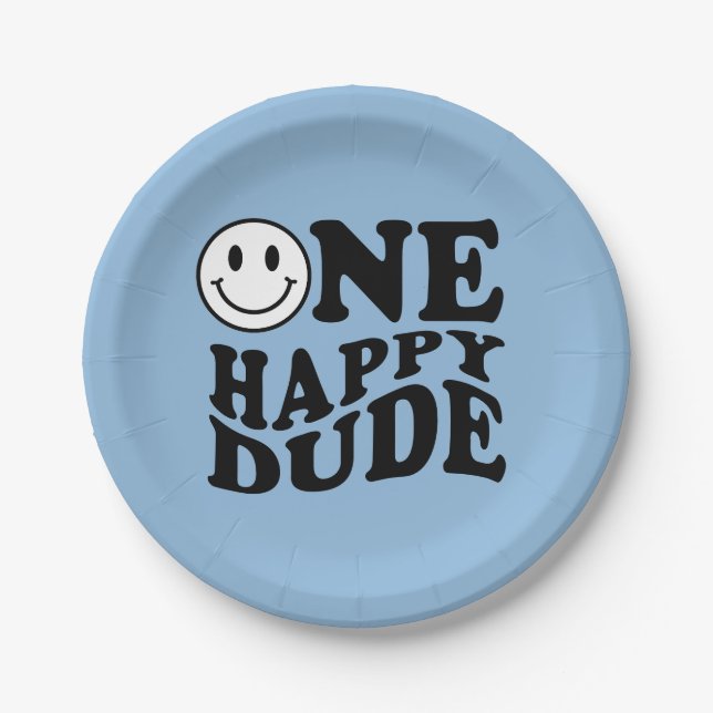 Blue One Happy Dude | Preppy Smile 1st Birthday  Paper Plate (Front)