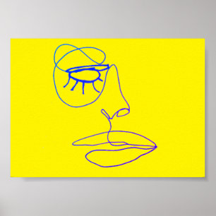 Blue One Line Face Art Poster