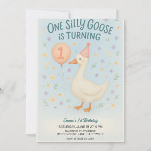 Blue One Silly Goose 1st Birthday For Girls Invitation