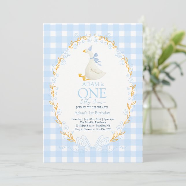 Blue One Silly Goose 1st Birthday Invitation (Standing Front)